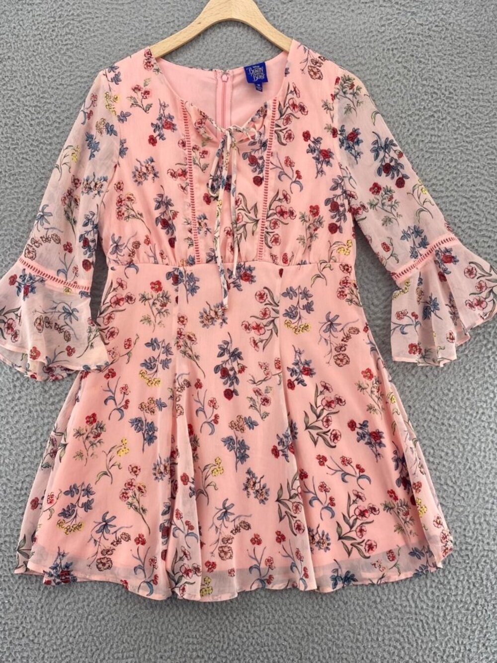 Disney Dress Womens Medium Jr Beauty & Beast Pink Floral Peasant 3/4 Bell Sleeve
